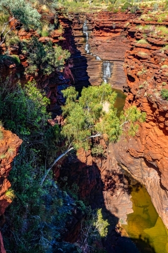 Waterfall and river flowing through rocky gorge - Australian Stock Image