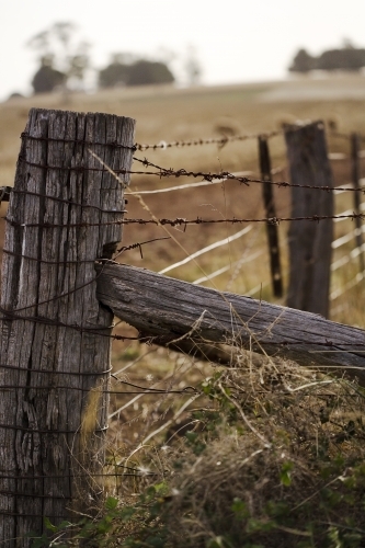 Weathered post and barbed wire fence - Australian Stock Image