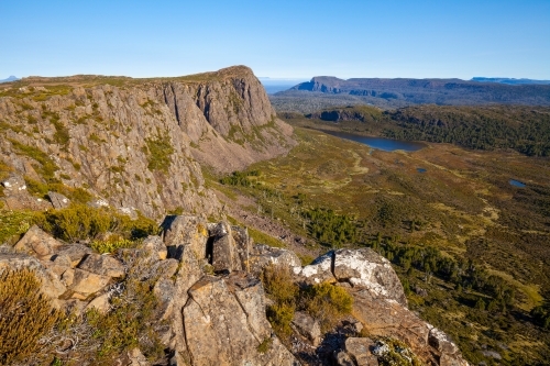West Wall and Lake Salome - Walls of Jerusalem Nat. Park - Tasmania - Australian Stock Image
