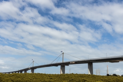 Westgate Bridge in Melbourne Australia with flag at half mast due to the death of Prince Philip - Australian Stock Image