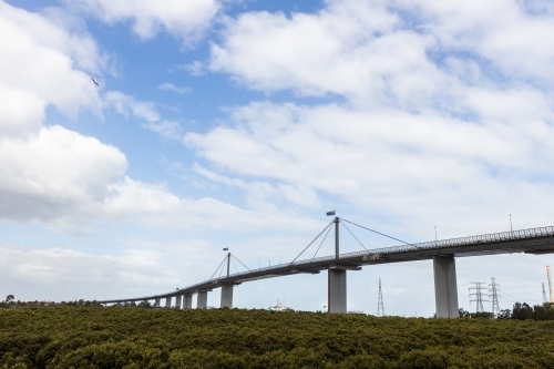 Westgate Bridge in Melbourne Australia with flag at half mast due to the death of Prince Philip - Australian Stock Image