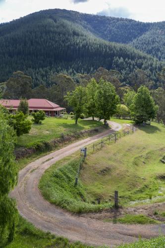 Winding drive to high country home among hills - Australian Stock Image