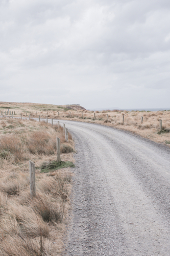 Winding, gravel track with posts and dry, summer grasses - Australian Stock Image
