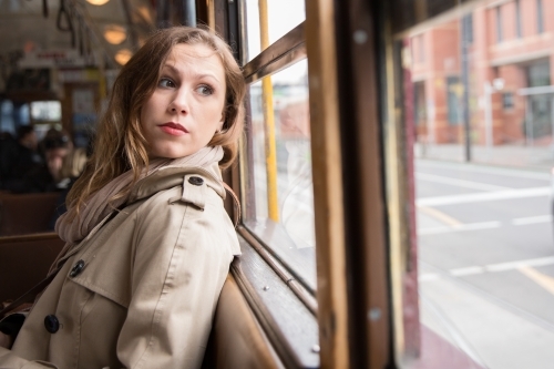 Woman Catching the City Circle Tram Melbourne - Australian Stock Image