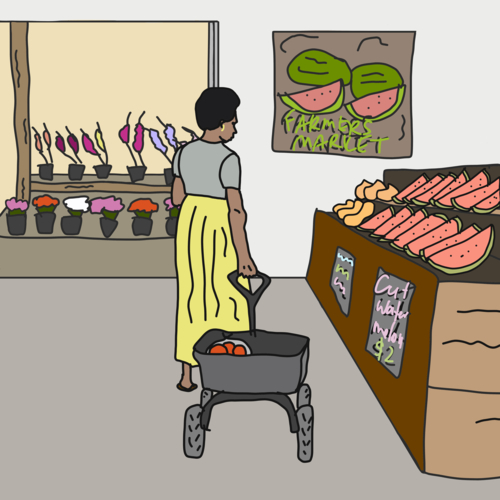 Woman in yellow skirt with trolley in fresh fruit, vegetables and flower market - Australian Stock Image