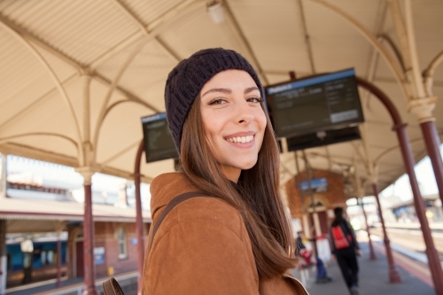 Woman Loving Melbourne Public Transport Options - Australian Stock Image