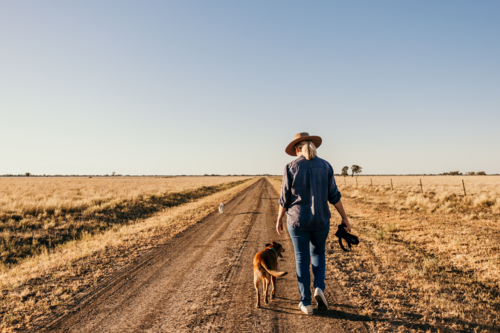 Woman photographer holding camera walking away along road with dog - Australian Stock Image