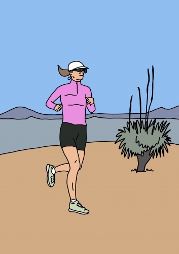 Woman running alone through Australian landscape with grass tree - Australian Stock Image