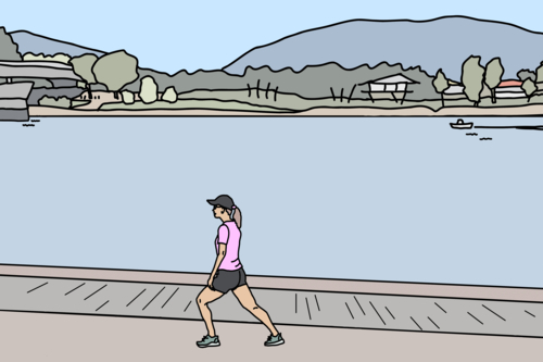Woman wearing pink T-shirt stretching legs on path beside river - Australian Stock Image