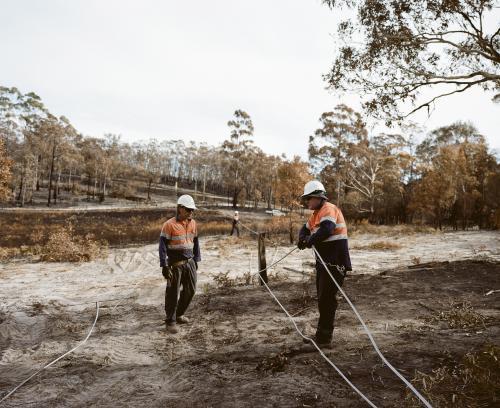 Workmen repairing power lines in bushfire ravaged landscape - Australian Stock Image