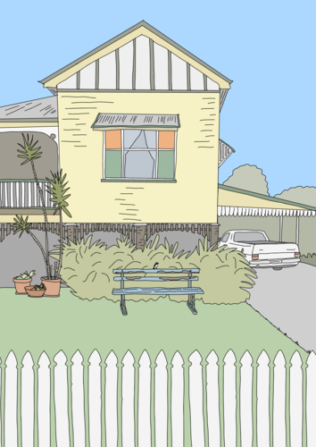 Yellow Queenslander house with pot plants, white Ute, lawn, picket fence and garden seat with bird - Australian Stock Image