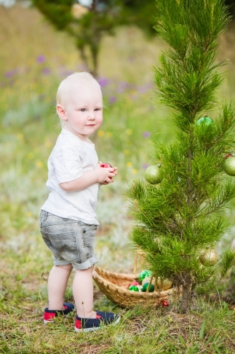 Young boy decorating real Christmas tree with baubles outdoors
