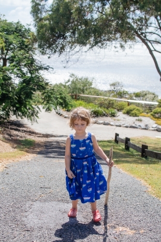 Young girl carrying her driftwood up a path - Australian Stock Image