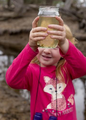 Young Girl Shows What She Caught in Glass Jar - Australian Stock Image