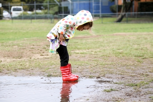 Young girl wearing spotted rain jacket playing in puddles - Australian Stock Image