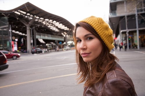 Young Woman Approaching Southern Cross Station - Australian Stock Image