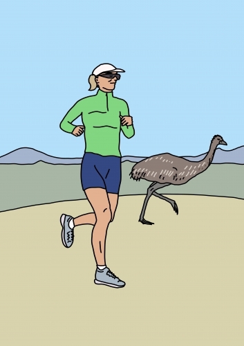 Young woman running with emu in barren Australian countryside - Australian Stock Image